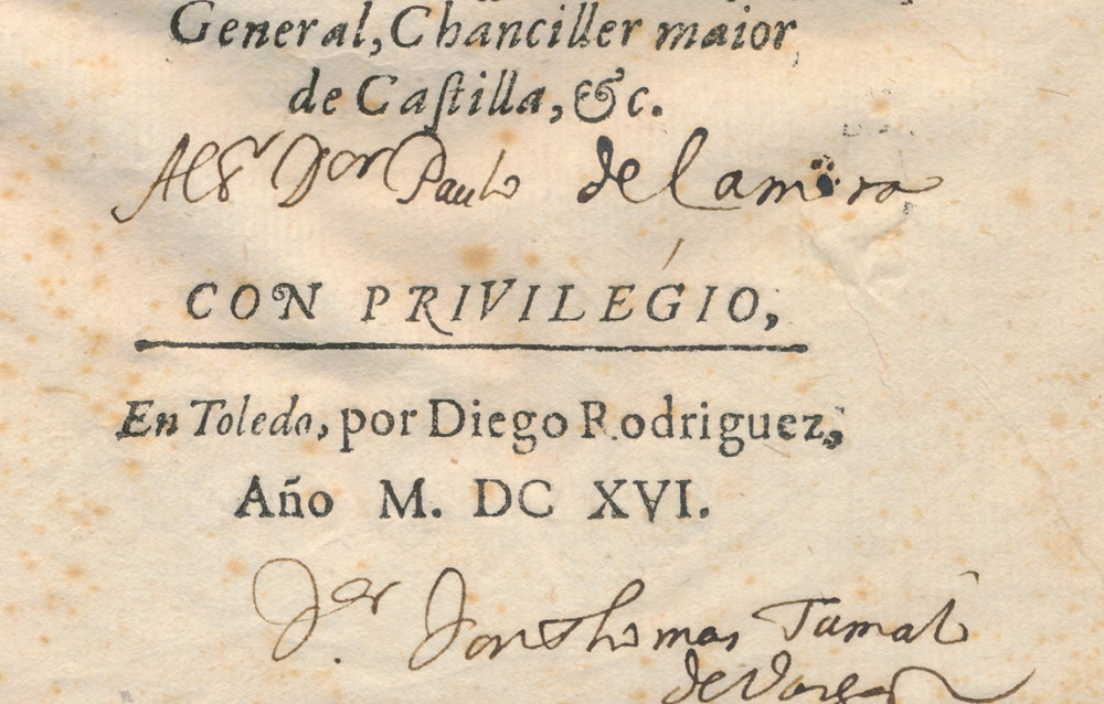 Firma de don Tomás Tamayo de Vargas en la obra Historia General de España (1616).
