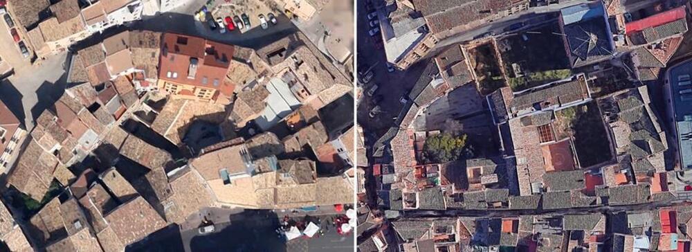 A la izquierda el teatro romano de Huesca, a la derecha la vista aérea del Corral de Don Diego.